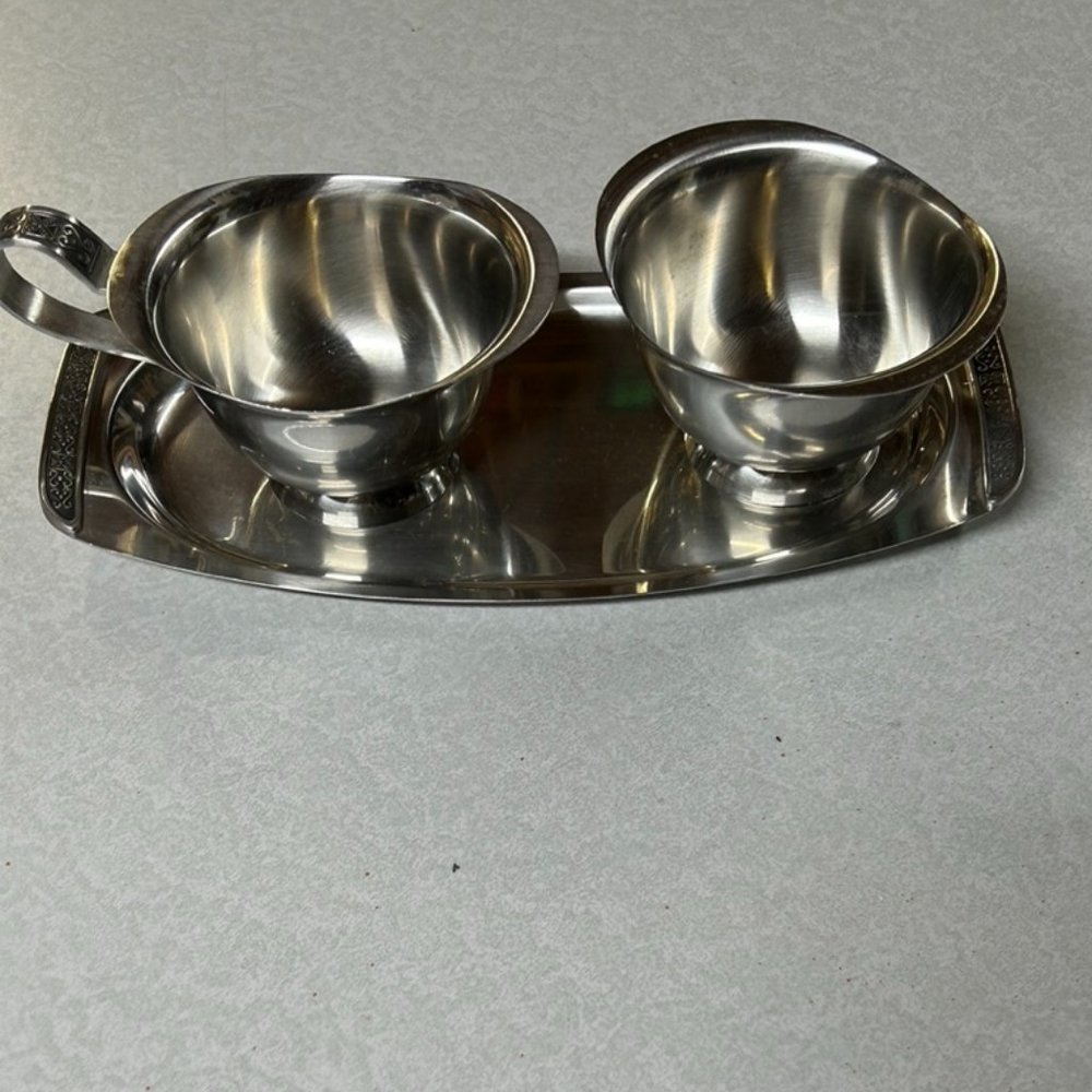 Vintage Oxford Hall Stainless Creamer and Sugar Bowl with Matching Tray